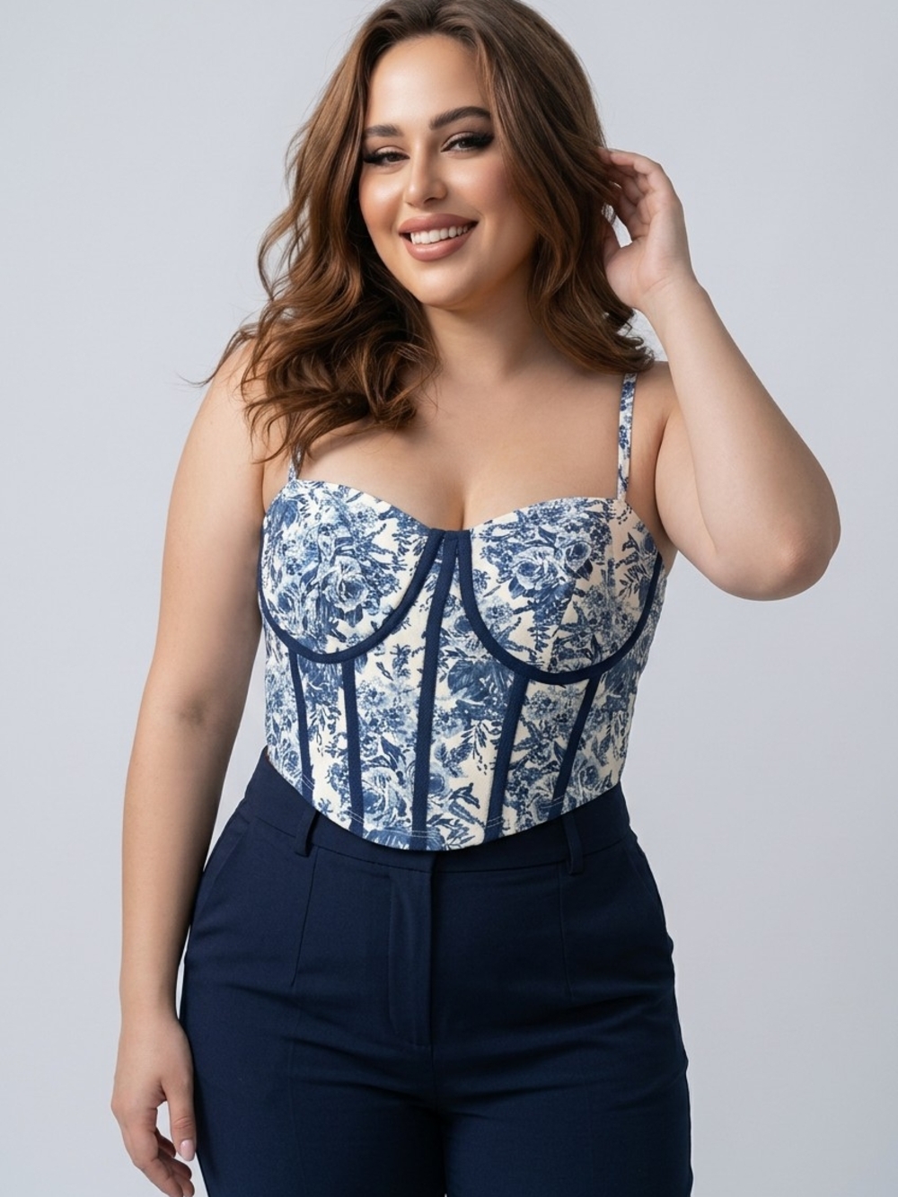 SHEIN Navy and Ivory Floral Bustier Camisole